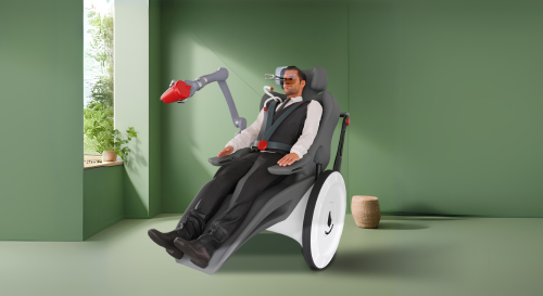 Person in a wheelchair with integrated gripping arm